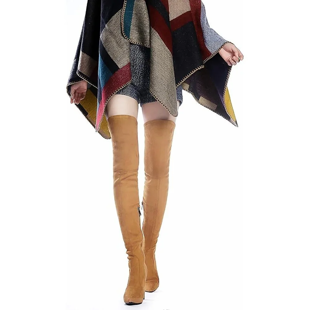 Women Brown Suede Stretch Thigh High Over The Knee Chunky Heel Pointed Toe Boots